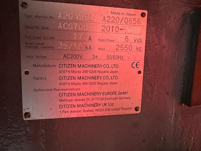 Used 2010 Citizen A20-VII PL CNC Sliding Head Lathe