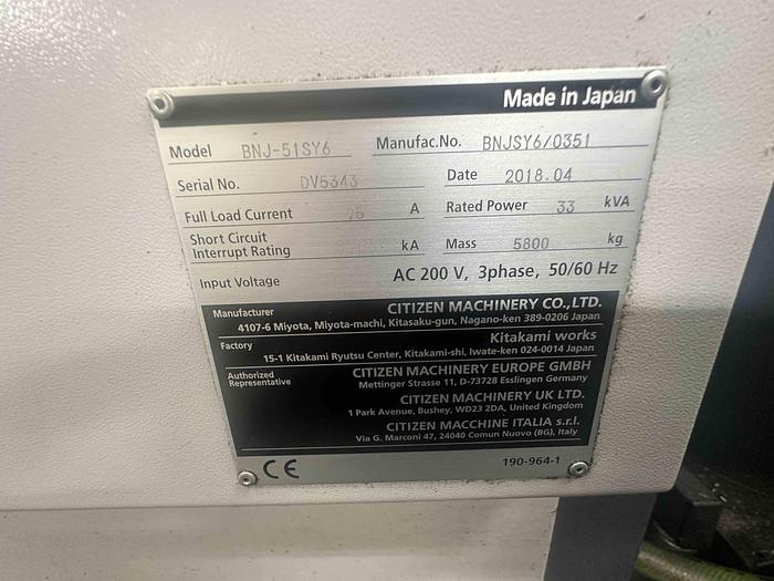Used 2018 Citzen Miyano BNJ-51 CNC Automatic Lathe