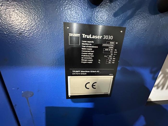 Used 2008 Trumpf TruLaser 3030 CO2 Laser Cutting Machine