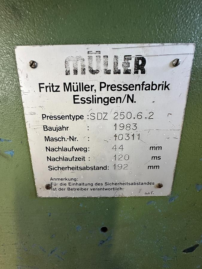 Used 1983 Fritz Müller SDZ 250.6.2 250 Ton Hydraulic Press with Dimeco Coil Line