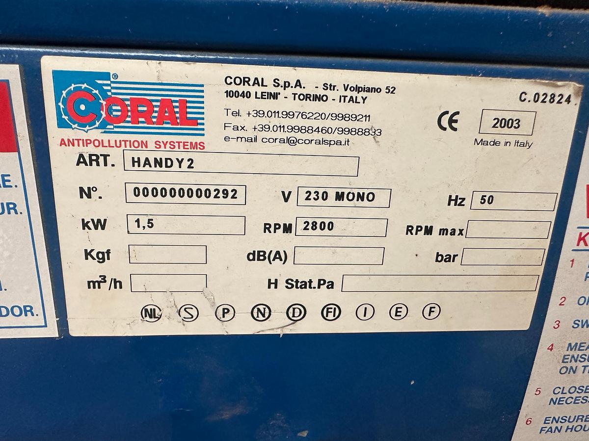 Used 2003 Coral Handy 2 Dust Extraction Unit for Sale | Single Phase 230V Dust Collector Ireland