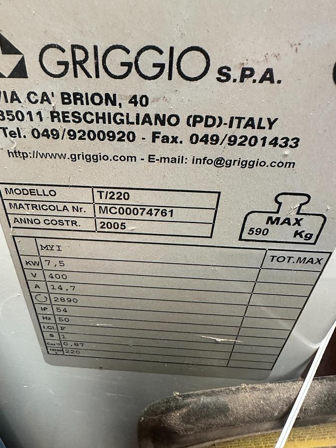 Used 2005 Griggio T220 Spindle Moulder with Comatic AF/34 Feeder