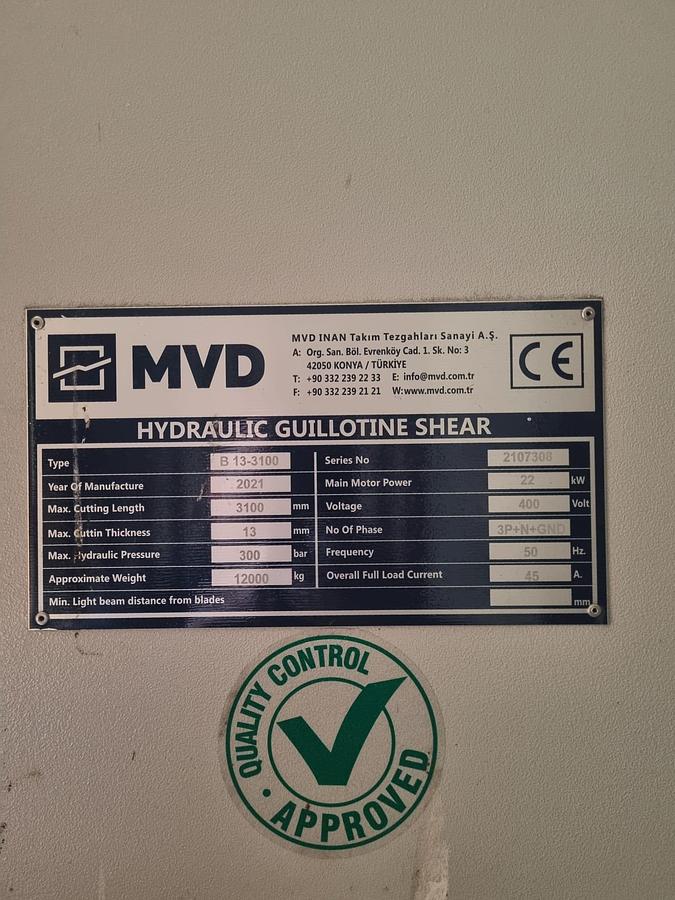 Used 2021 MVD B13-3100 Guillotine Shears – Elgo P40T CNC Control