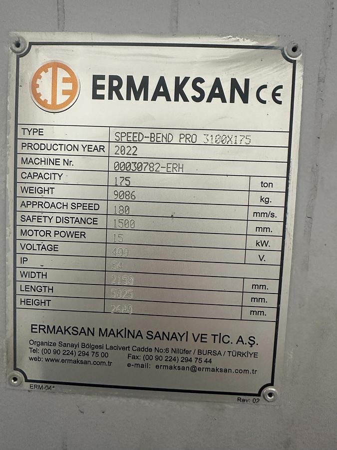 Used 2022 Ermaksan Speed Bend Pro 3100 x 175 CNC Pressbrake