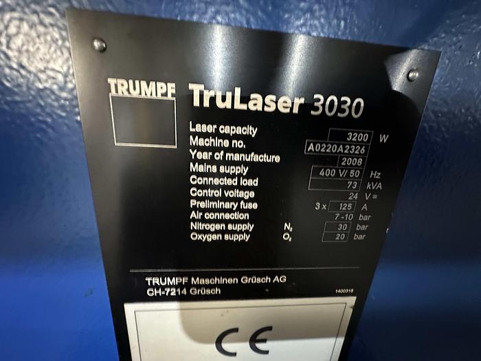 Used 2008 Trumpf TruLaser 3030 CO2 Laser Cutting Machine