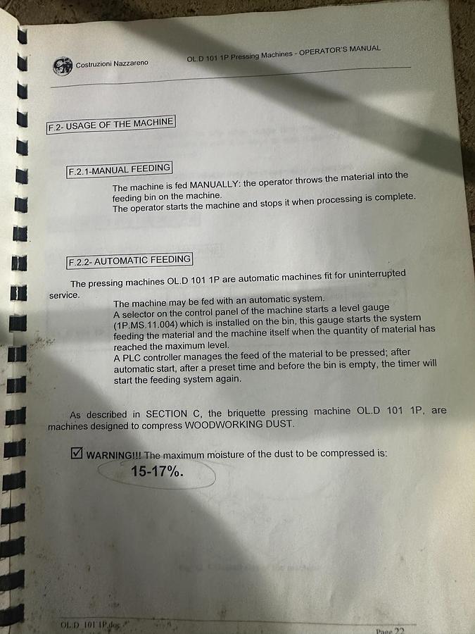 Used Used Nazzareno OL.D 101 1P Briquette Press | Wood Dust
