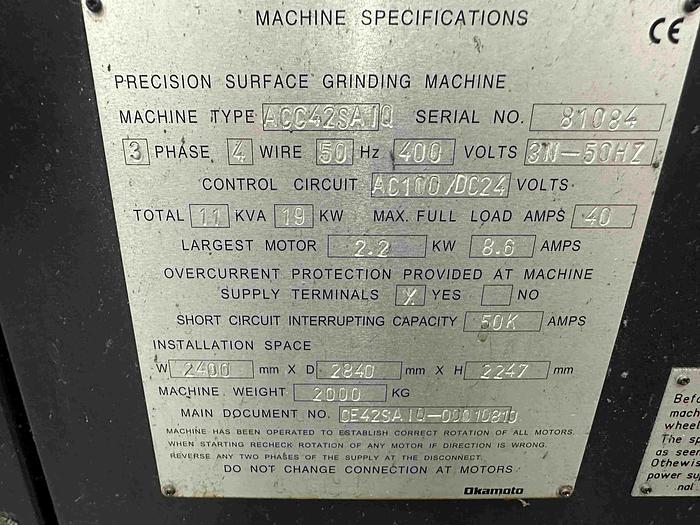 Used 2013 Okamoto Grind-X ACC 42SA1Q CNC Surface Grinder
