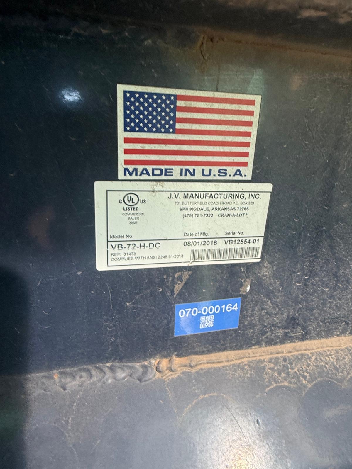 Refurbished 2016 JV Manufacturing/Cram-a-Lot VB-72-H-DC Vertical Baler