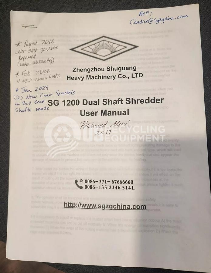 Used HP SG1200 Dual Shaft Shredder