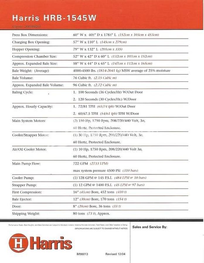 Refurbished 2003 Harris Waste Management HRB-1545W Horizontal