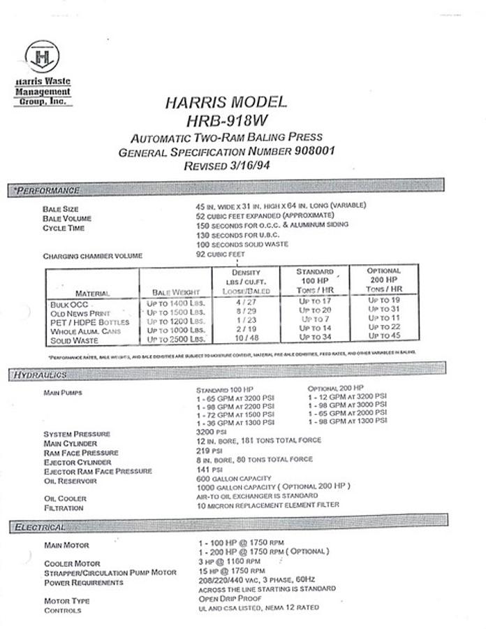Used Harris HRB-918 2 Ram Baler
