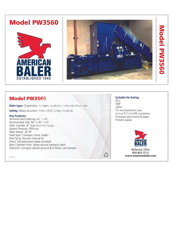 Used American PW3560 Closed Door Horizontal Baler with Conveyor