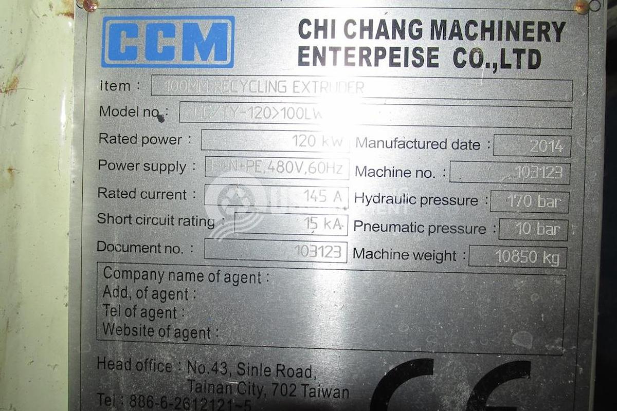 Used 2014 Chi Chang CC TY-120-100LW Pelletizing Extrusion Line