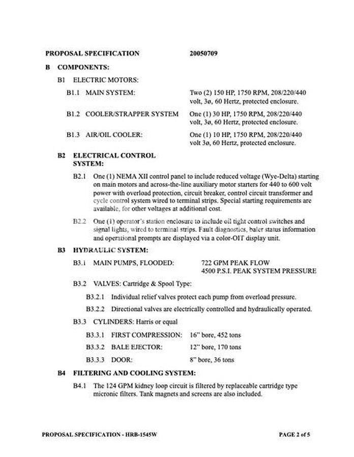 Refurbished 2003 Harris Waste Management HRB-1545W Horizontal