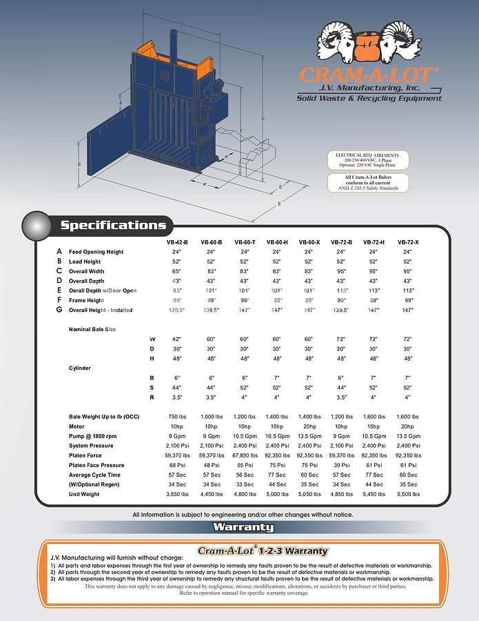 Used JV Manufacturing Five (5) VB-72 Vertical Balers