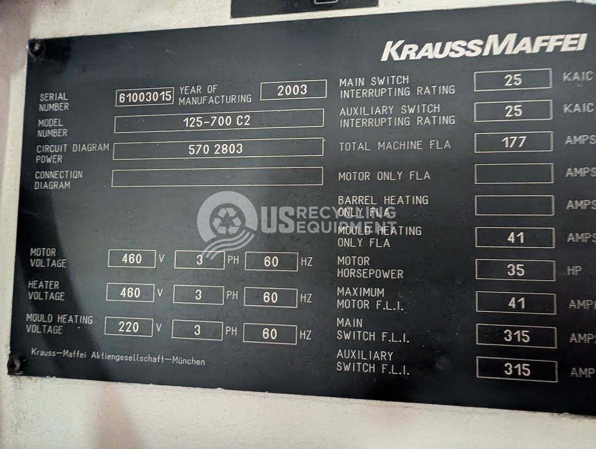 Used 2003 Krauss Maffei KM 125-700 C2 Injection Molder