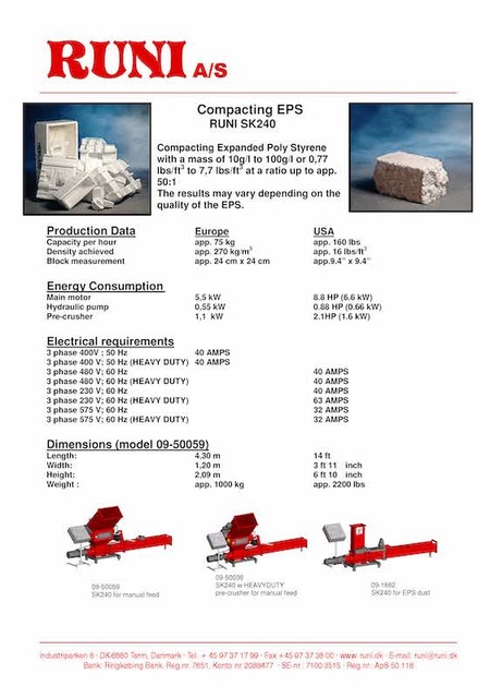 Used 2010 Runi SK240 Cold Press Densifier