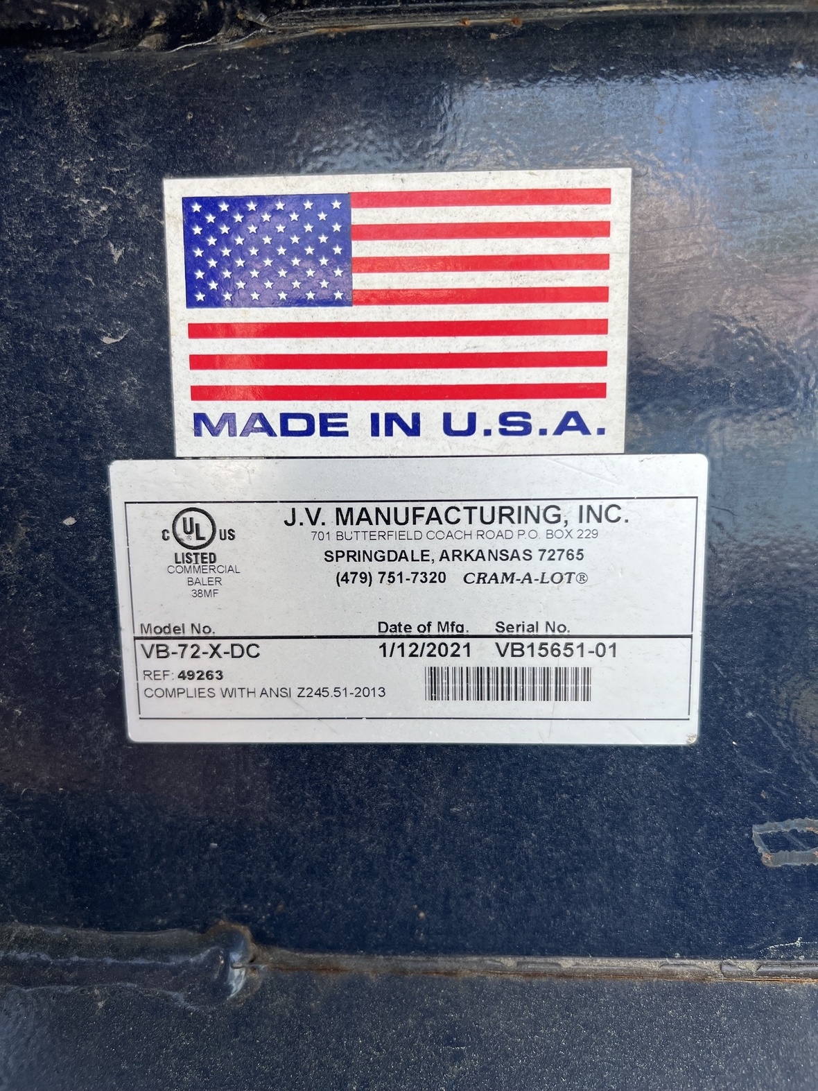 Used 2021 JV Manufacturing/Cram-a-Lot VB-72-X-DC Deep Chamber Vertical Baler