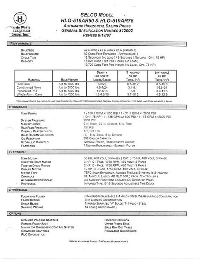 Used Harris/Selco HLO-519 Auto Tie Horizontal