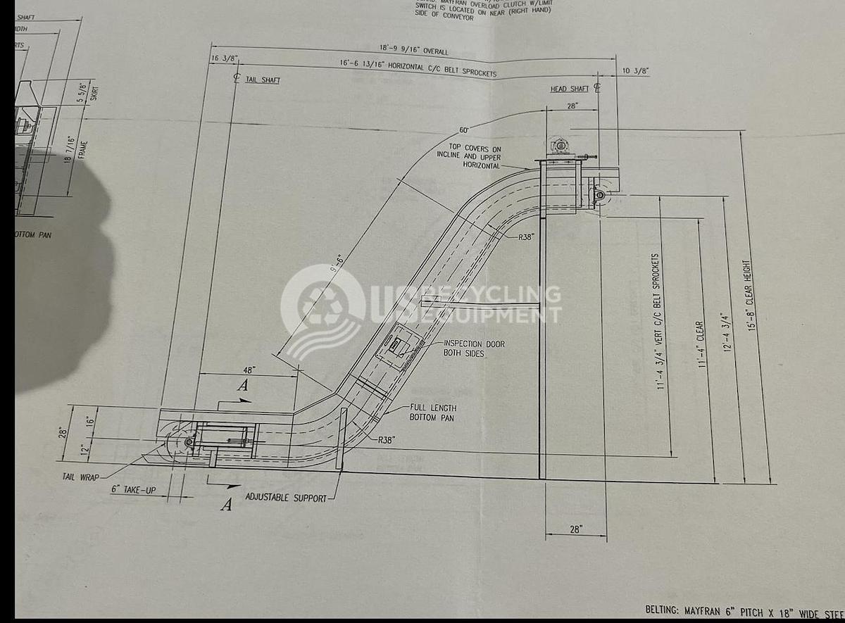 Used Mayfran 18" x 19' Hockey Stick Steel Belt Conveyor