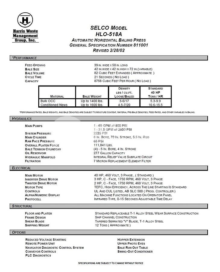 Used Selco HLO-518A-40 Auto Tie Baler with Fluffer & Conveyor