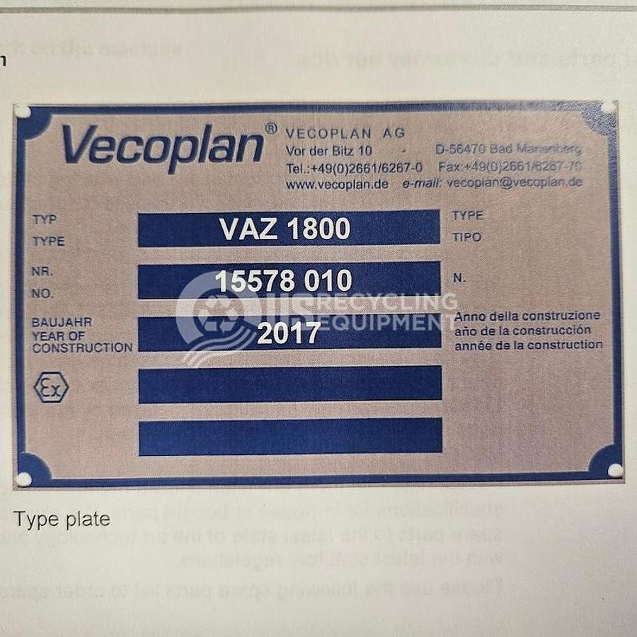 Used 2017 Vecoplan VAZ-1800 Single Shaft Shredder