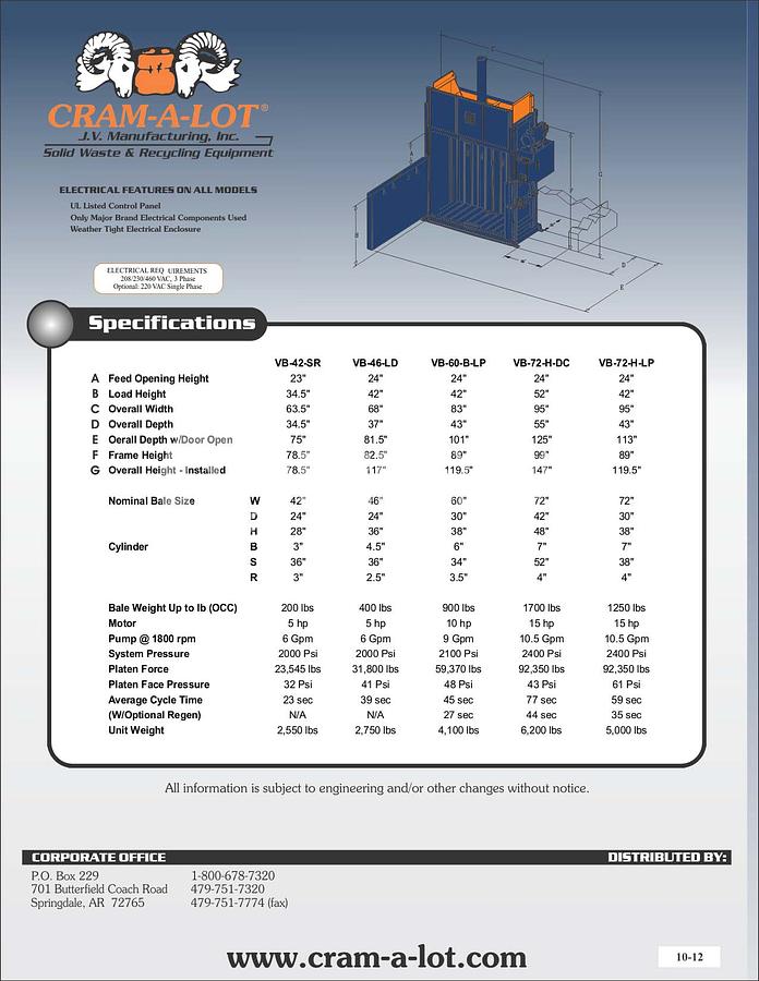 Used JV Manufacturing Five (5) VB-72 Vertical Balers
