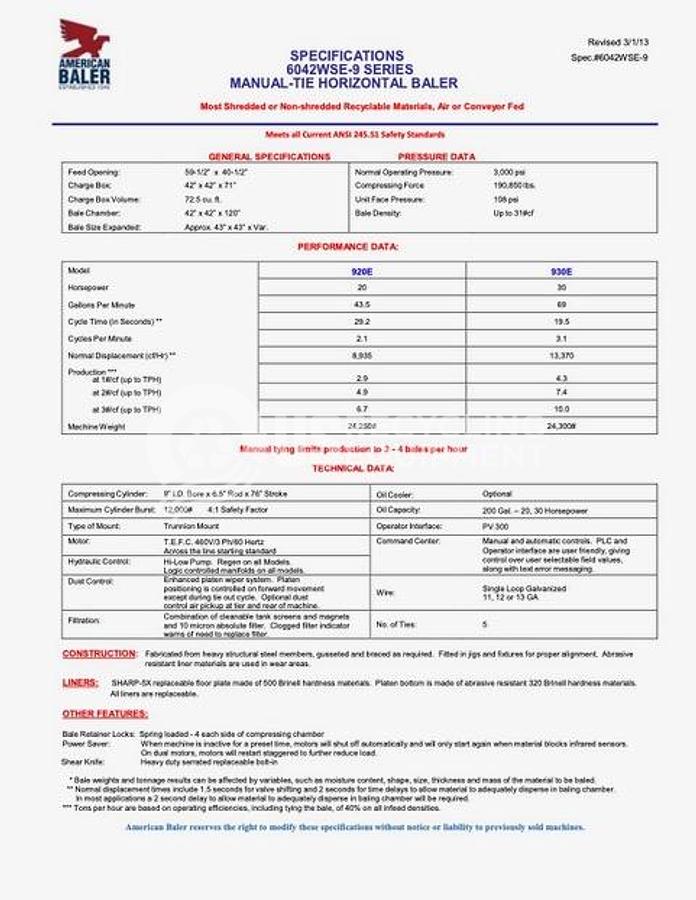 Used American Baler 6042HE-930 Manual Tie Horizontal