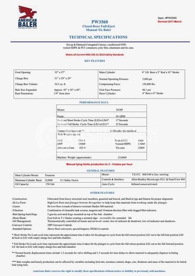 Used American Baler PW-3560 Horizontal with Conveyor