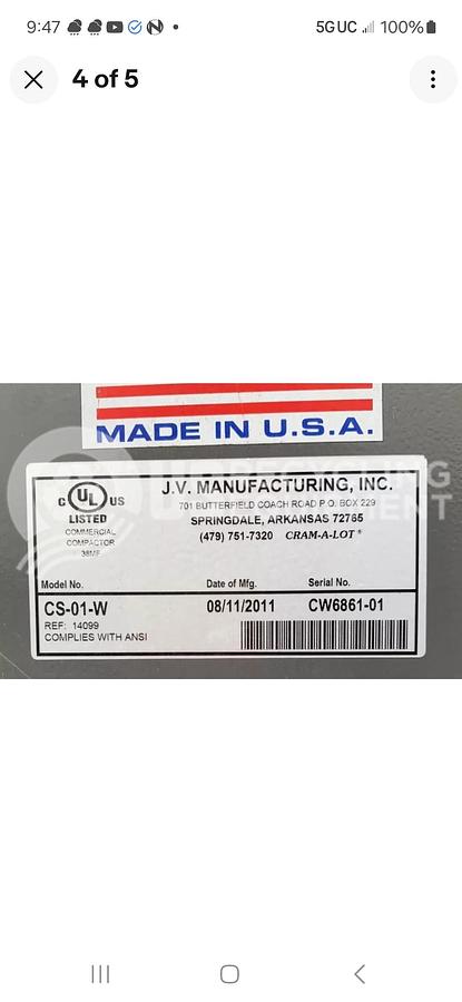 Used 2011 JV Manufacturing/Cram-a-Lot CS-01-W Space Saver