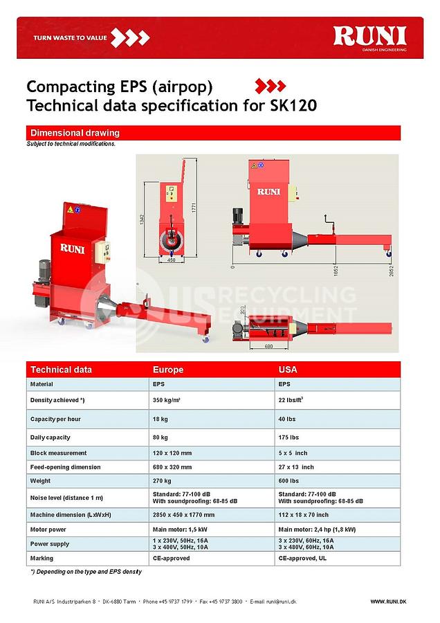 Used 2016 Runi SK-120 EPS Foam Densifier