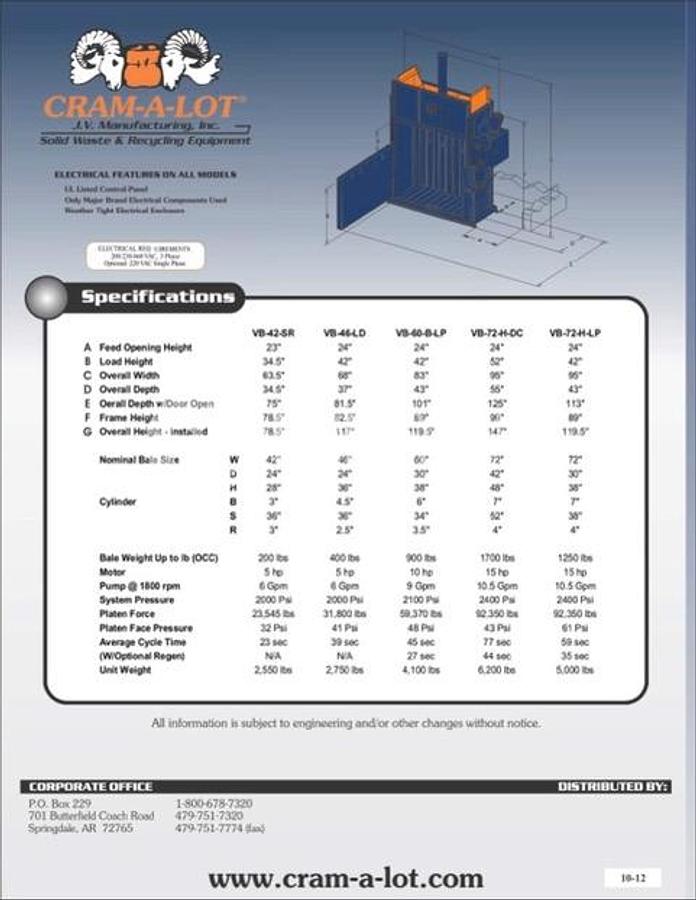 Used JV Manufacturing VB-72-H-DC Vertical Deep Chamber