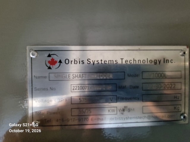 Used 2022 Orbis V1000-L Single Rotor Shredder