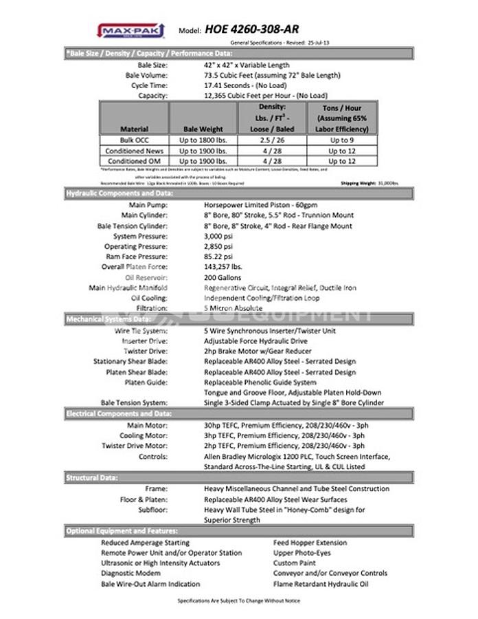 Used 2009 Max Pak HOE 4260-308-AR Horizontal