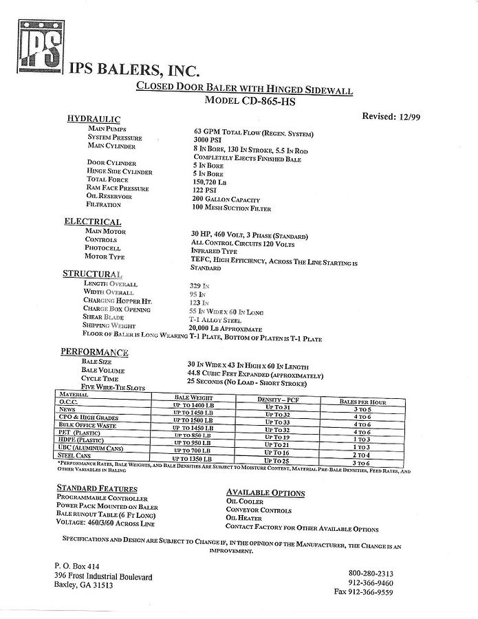 Used IPS CD-865-HS Baler with Feed Conveyor