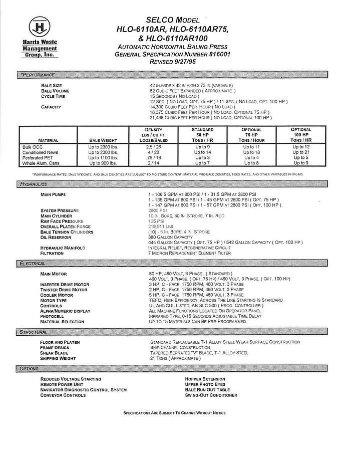 Used 1992 Harris/Selco HLO-6110AR50 Auto Tie Horizontal