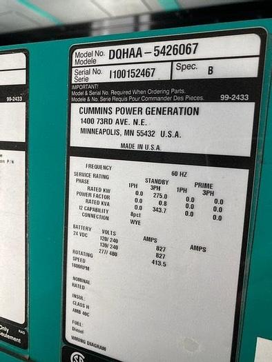 Used 275kW Cummins Diesel Generator set , Built 2010 Tier 3
