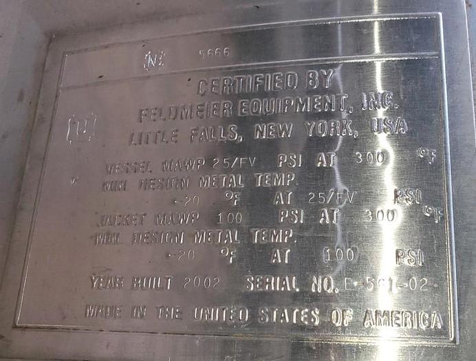 Used 500 GALLON FELDMEIER SANITARY STAINLESS STEEL REACTOR - 25 PSI/FV/100 PSI JACKET