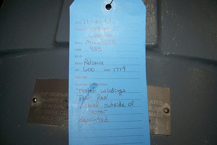 Refurbished 600 HP AC Reliance Electric Motor, 1779 RPM, from Ingersoll Rand XFE 500 2S