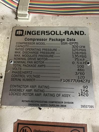 Used 75HP INGERSOLL-RAND WATER COOLED AIR COMPRESSOR