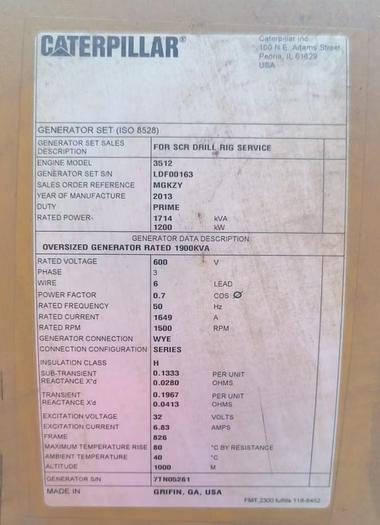 Used Caterpillar 3512B for SCR drill rig service.