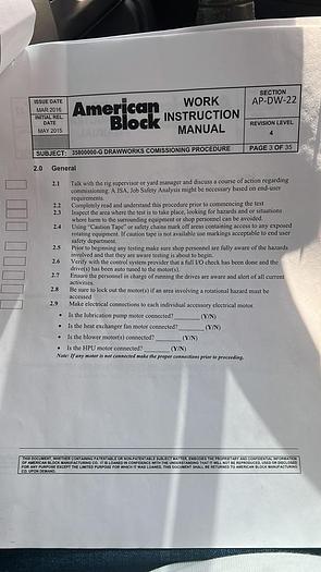 A.C. Drawworks American Block 3580 with Power pack and Control Cabinet.
