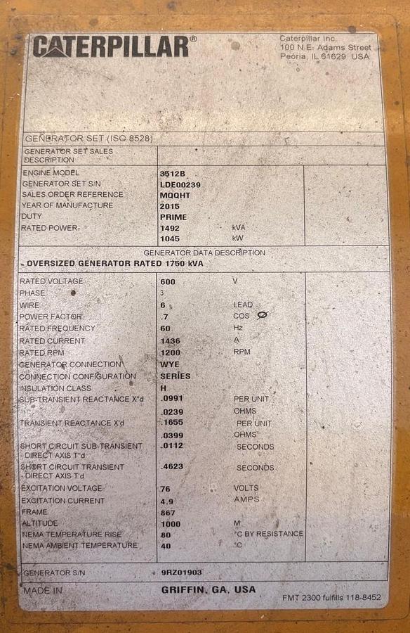 Used 2015 Caterpillar 3512B