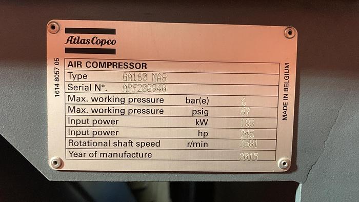 Used 2015 Atlas Copco GA160 MAS