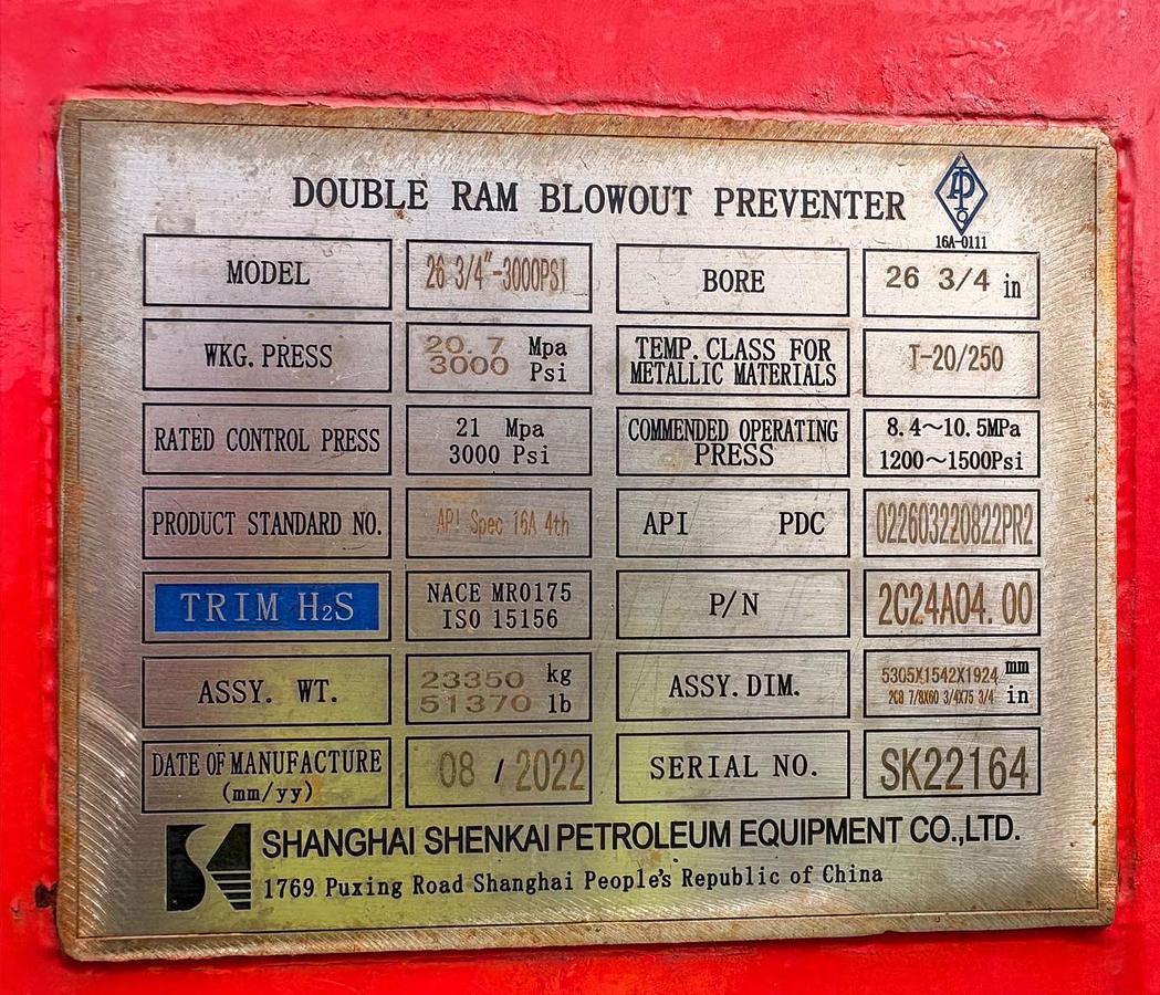 2022 Shanghai Shenkai Petroleum Equipment 26 3/4" - 3000 psi