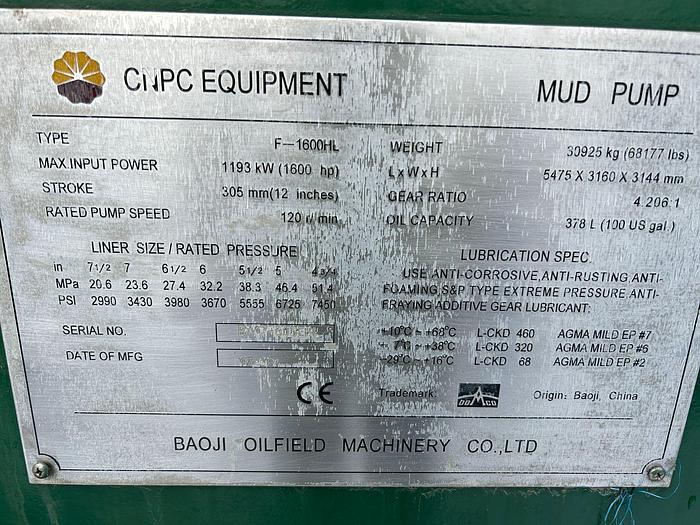 2017 Baoji Oilfield Machinery Co Ltd Bomco F-1600 HL