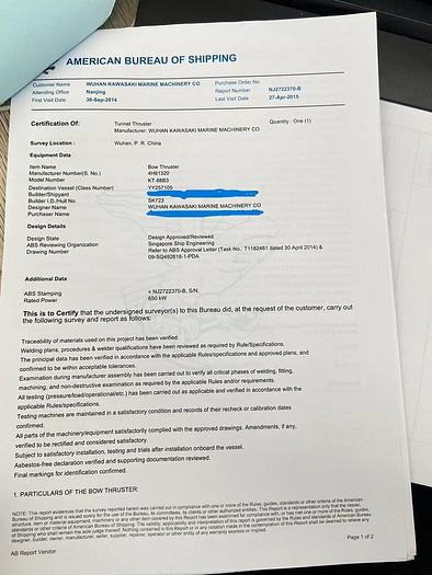 Bow Thruster New Kawasaki KT-88B3 and KT-130B3 mfg year 2014