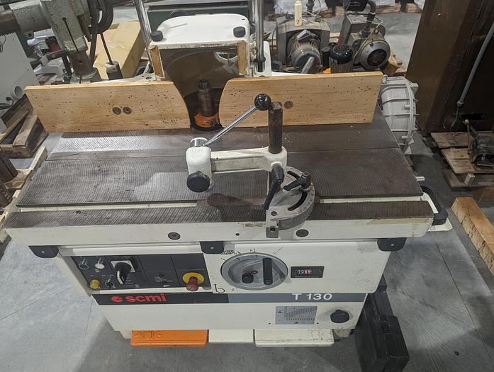 Used 1999 SCMI T130 NPS Sliding Table Shaper with Holz 3 Roll Power Feeder