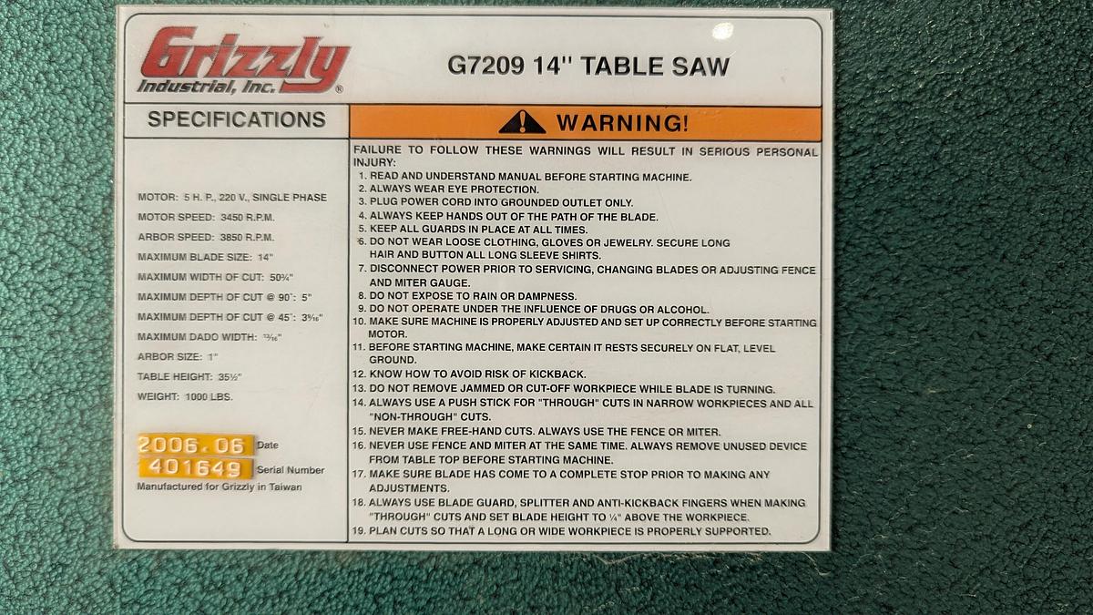 Used 2006 Grizzly G7209 14'' Tablesaw 5HP