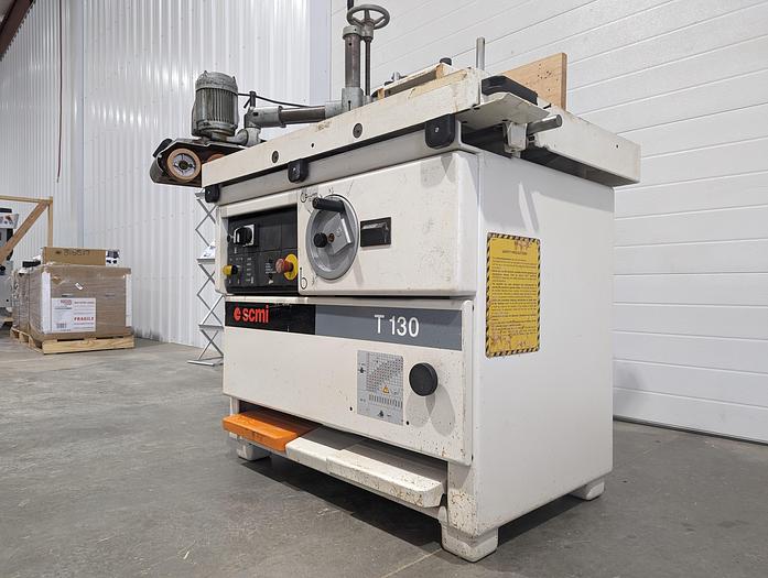 Used 1999 SCMI T130 NPS Sliding Table Shaper with Holz 3 Roll Power Feeder